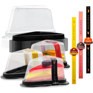 50 Pack Cake Slice Containers, Clear Plastic Cheesecake Containers Disposable Take Out Containers Individual Single Cupcake Cake Pie Slice Boxes with Lids & Stickers for Pies Snack Dessert (Black)