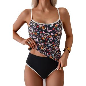 Eomenie Women's Tankini Swimsuits Two Piece Tummy Control Bathing Suit Color Block Slim Swimwear with High Waisted Bottom, Size S (Printed Black Pink)