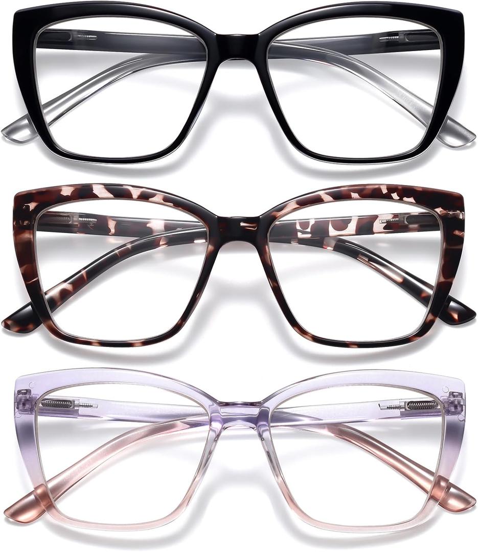 Reading Glasses for Women, 3 pack Fashion Oversized Blue Light Readers for Women, Spring Hinge Cat Eye Glasses Anti Eyestrain (A1 Black Tortoiseshell Purple, 1.50)