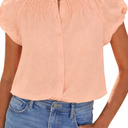 BTFBM Womens Casual Tops Dressy Summer Outfits 2025 Puff Short Sleeve Blouse Ruffle Neck Business Work Button Down Shirt, Coral, XL 