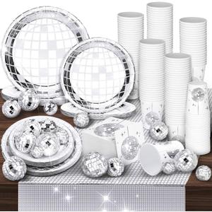 Marsui 121 Pcs 70s 80s Disco Ball Party Decorations Disposable Paper Plates Napkins Cups Bachelorette Silver Balls Tableware Set for Wedding Cocktail Birthday Dancing Queen Party(Silver)
