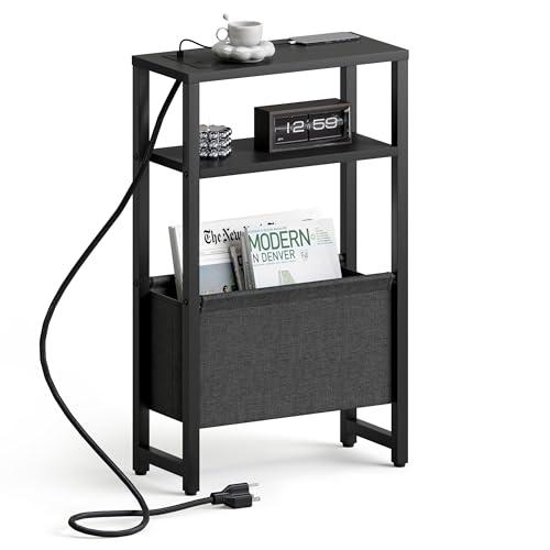 IRCPEN Narrow Side Table with Charging Station, Slim End Table with Magazine Rack, Bedside Table for Small Spaces, 3 Tier Sofa Couch Table Nightstand for Living Room, Bedroom, Black LET503BE