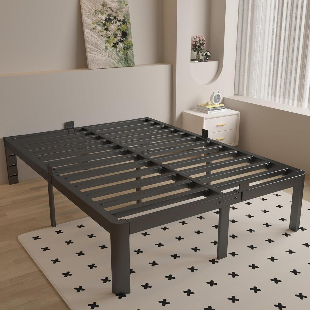 Full Size Bed Frame 16 Inch Black, Metal Platform Full Bed Frame with Baffles, No Box Spring Needed, Heavy Duty Steel Supprt, Rounded Corner Design, Reserved Holes, Noiseless, Easy Assembly