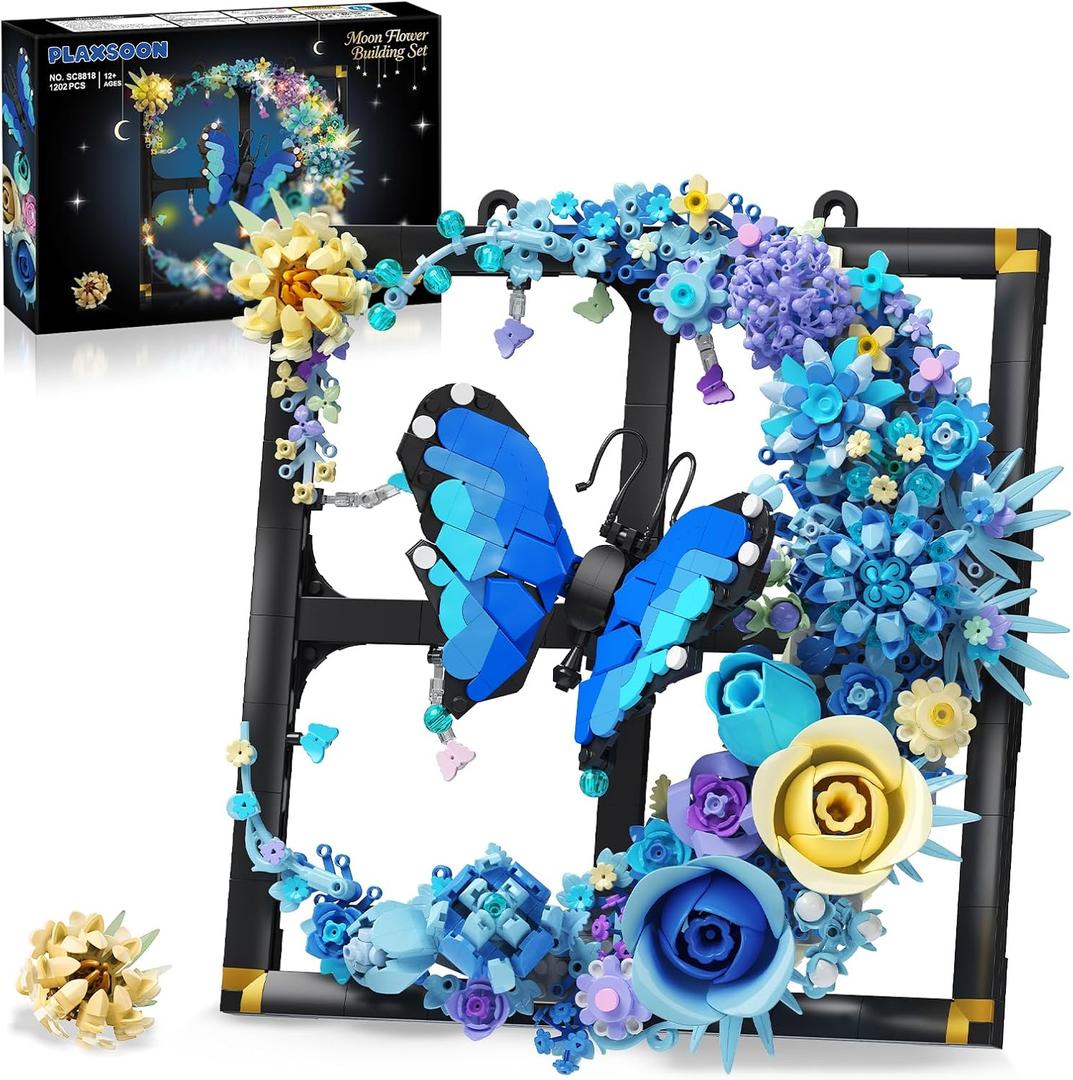PLAXSOON Moon Flower Building Set with Lights, 1202 PCS Wall Botanical Flowers Building Block Kit with Butterfly, Floral Plant Office Home Decor, for Her Adults Women Boys Girls 12+
