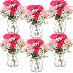 Zeyune 6 Sets Mason Jar Centerpiece Table Decorations, Artificial Peony Baby's Breath Flower Bouquets, Faux Flowers with Vase, Rustic Decor Gifts for Home, Wedding, Holiday (Pink Mix)