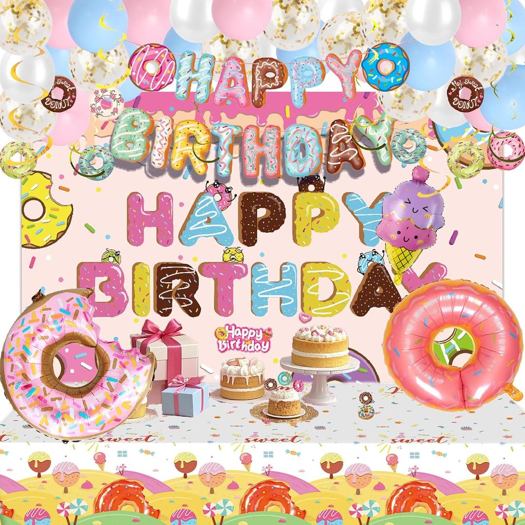 Donut Themed Birthday Party Decorations, Doughnut Colorful Backdrop Tablecloth, Happy Birthday Banner, Macaron Foil Balloons, Cake Topper, Hanging Swirls for Boys Girls Princess