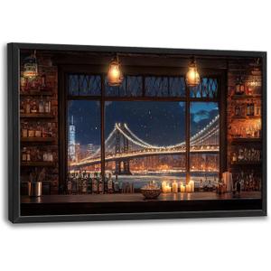 Brooklyn Bridge Large Wall Art for Living Room New York Nighttime Skyline Landscape Framed Pictures Canvas Decor City Prints Painting Extra Large Modern Artwork for Bedroom Office Kitchen 24"x36"