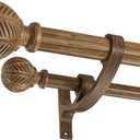 Wood Double Curtain Rods Set for Windows 36 to 72 Inches (3 to 6 ft), Adjustable Heavy Duty Dual Drapery Rods, 1 Inch Boho Rustic Decorative Design with Imitation Wood Grain Leaf Finials