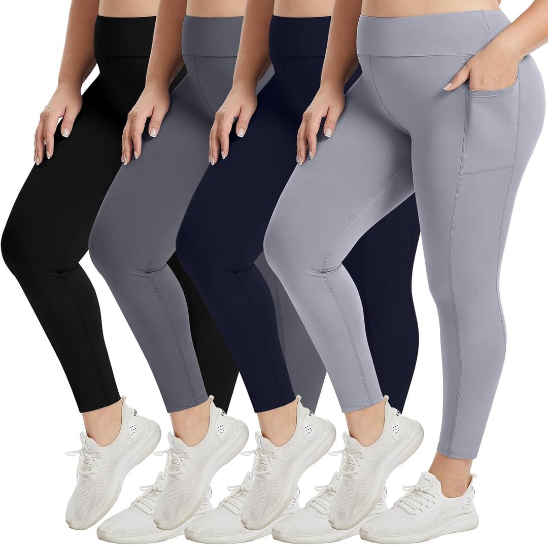 Coume 4 Pack Plus Size Leggings with Pockets for Women Plus Size High Waisted Yoga Pants for Gym Running (3X-Large, Black, Dark Gray, Navy Blue, Light Gray)