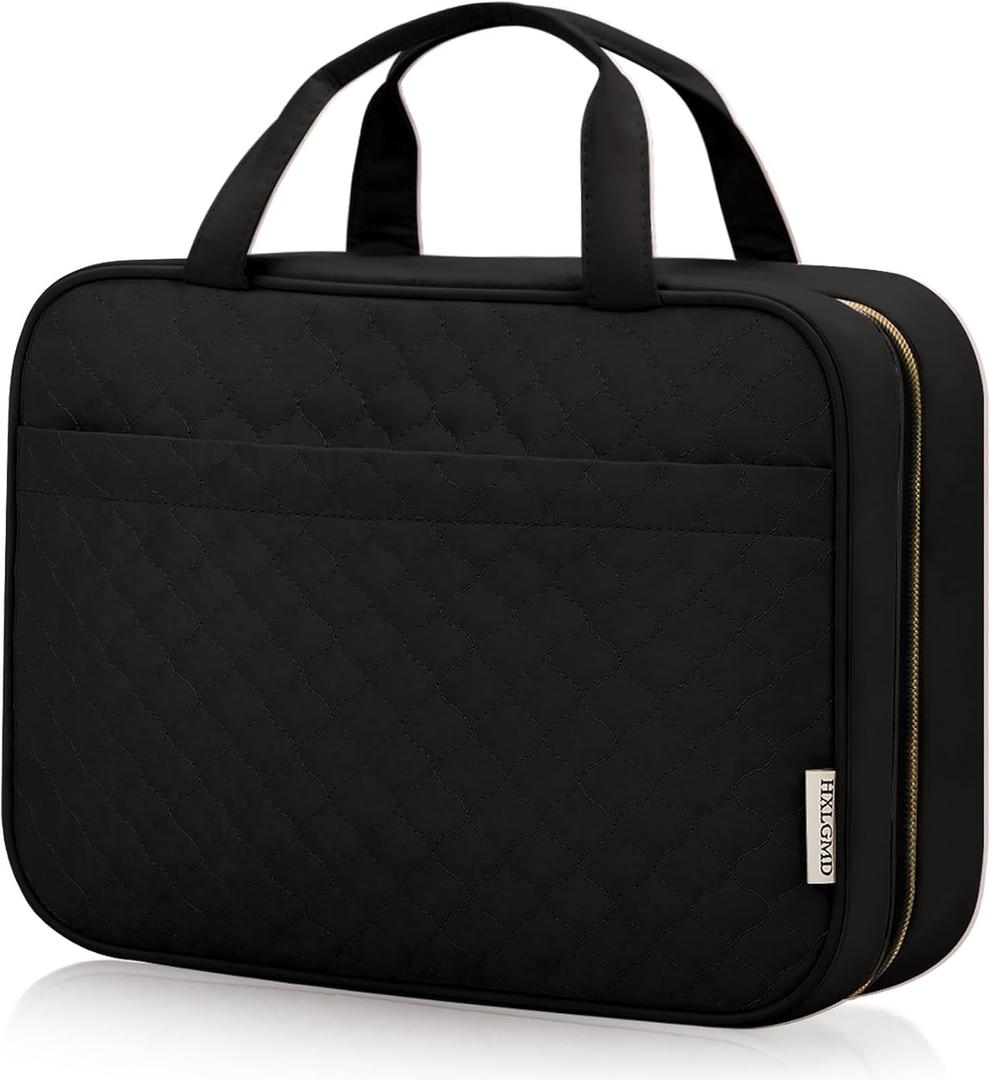Travel Size Toiletry Bag for Women, Portable Cosmetic Bag with Hanging Hook, Travel Essentials Water-resistant Makeup Organizer for Accessories, Shampoo, Full-size Container, Toiletries (Medium, Black)
