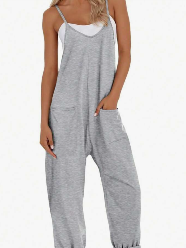 AUSELILY Womens Summer Jumpsuit 2026 Casaul Sleeveless Adjustable Spaghetti Straps Wide Leg Rompers with Pockets New Grey, XL