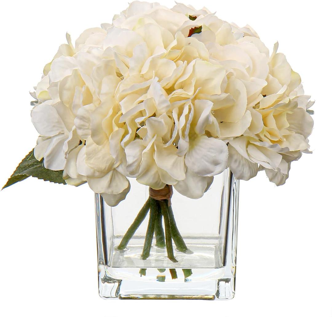 Cream Fake Flowers with Vase Hydrangea Artificial Flowers in Vase Peony Faux Flowers in Vase Rose Silk Flowers Peonies Floral Arrangements Artificial with Vase for Home Office Table Shelf Decor (Cream #19)