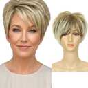 QUEENTAS Short Wigs for White Women Pixie Layered Short Pixie Cut Wig Synthetic Hair Wigs with Bangs(Blonde Mixed Brown)