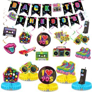 Blosssound 27 Pcs 80s 90s Party Decorations 1980s 1990s Hip Hop Banner Hanging Swirls Ceiling Honeycomb Decoration for Back to the 1980s 1990s Throwback Birthday Neon Party Decor Supplies (90s)