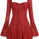 Women's Short Corset Y2k Mini Dress Long Sleeve Low Cut Lace Dress Vintage Solid Floral Party Dresses