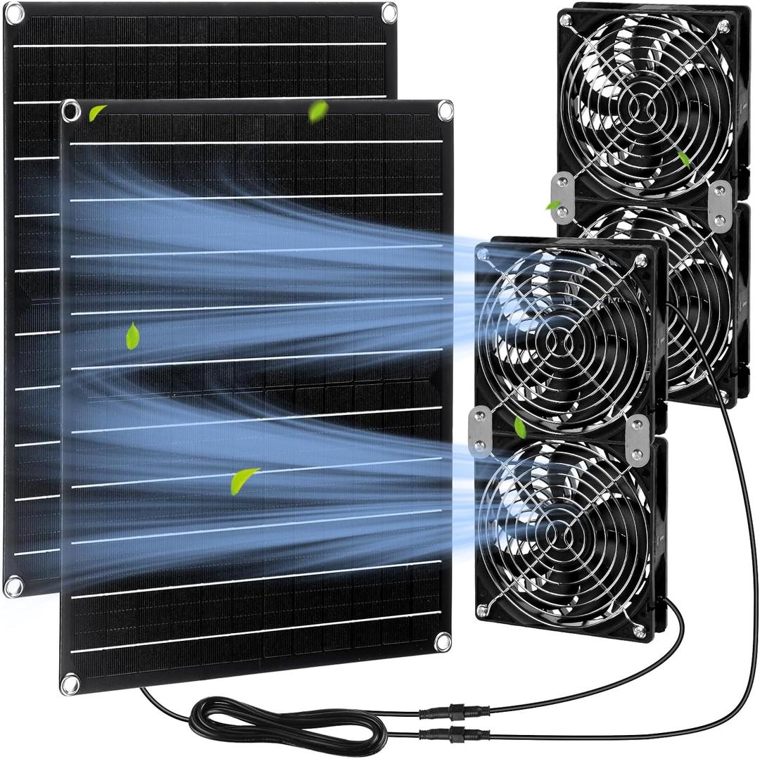 Riakrum 2 Set 2 Pcs 15w 12v Solar Powered Dual Fan Kit, Waterproof Solar Exhaust Intake Cooling Ventilation Fan for Chicken House, Doghouse, Greenhouse, Pet House, DIY Cooling Ventilation