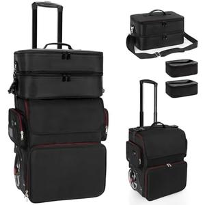 Large Makeup Train Case with a Large Makeup Travel Bag for Hairstylist, Hairdresser Bag with Detachable Pouch,Heat Insulation and Anti-scalding Full layer for Hairdressing Tool Organizer, Big wheels