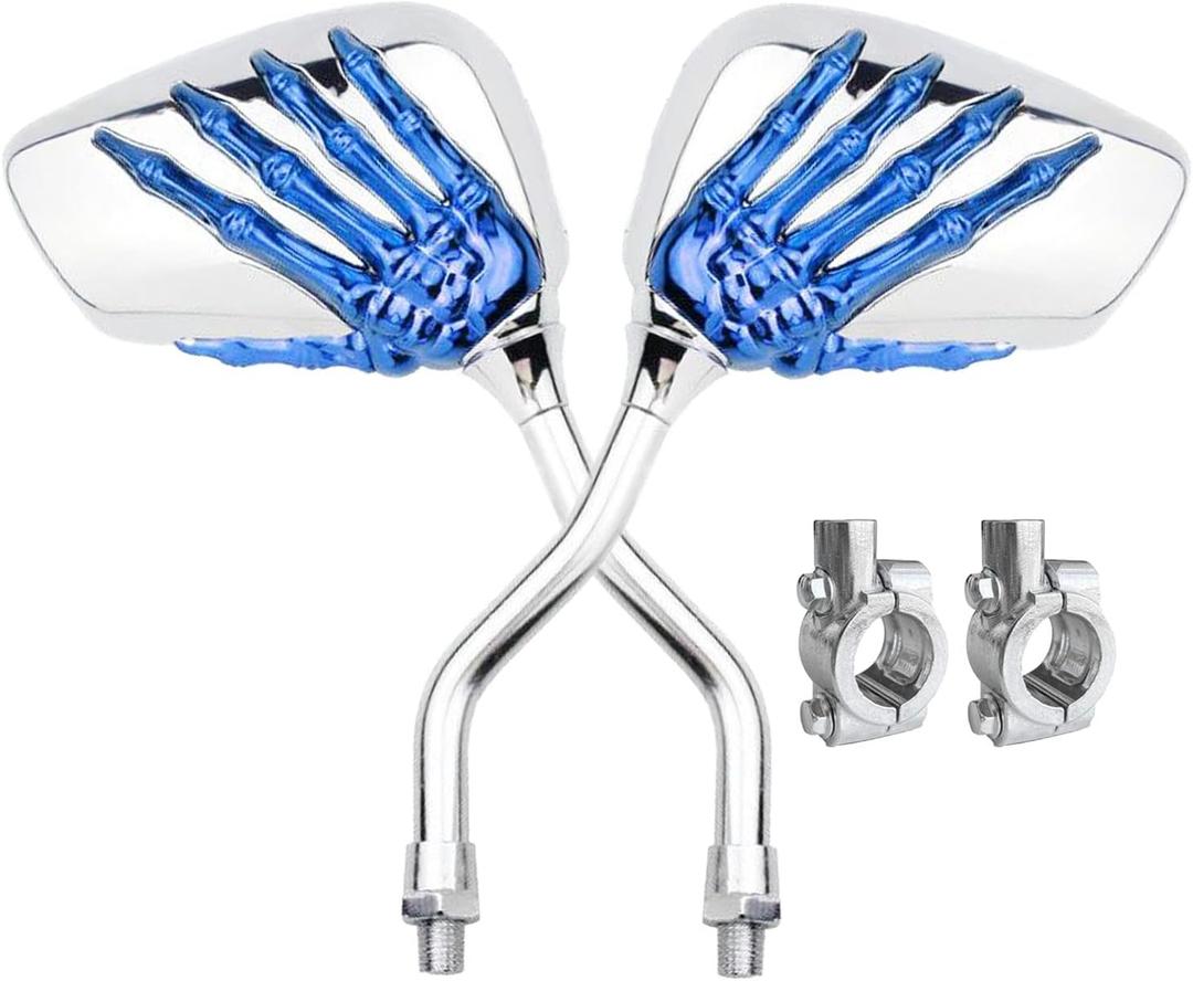 Pairs of Distinctive Skull Skeleton Hand Bicycle Mirror, Rearview Side Mirror Handlebar Mirror Mount Holder Clamp Adaptor 10mm for Scooter Moped Bike Standard Bike Motorcycle (blue)