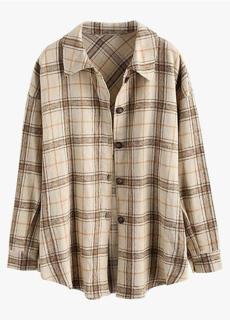 ZAFUL Women's Plaid Long Sleeve Shirt Button Down Thin Jacket Casual Flannel Plaid Shacket with Pocket L