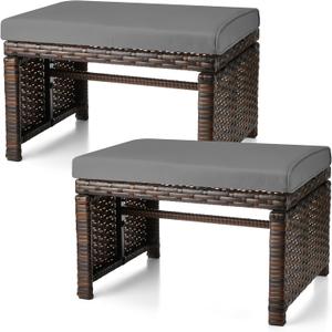 2 Pcs Patio Rattan Ottomans Outdoor Wicker Ottomans Patio Footstool Footrest with Removable Cushion Soft Zippered Cushions Function Footstool Seat Table for Backyard Balcony Poolside(Gray, Black)