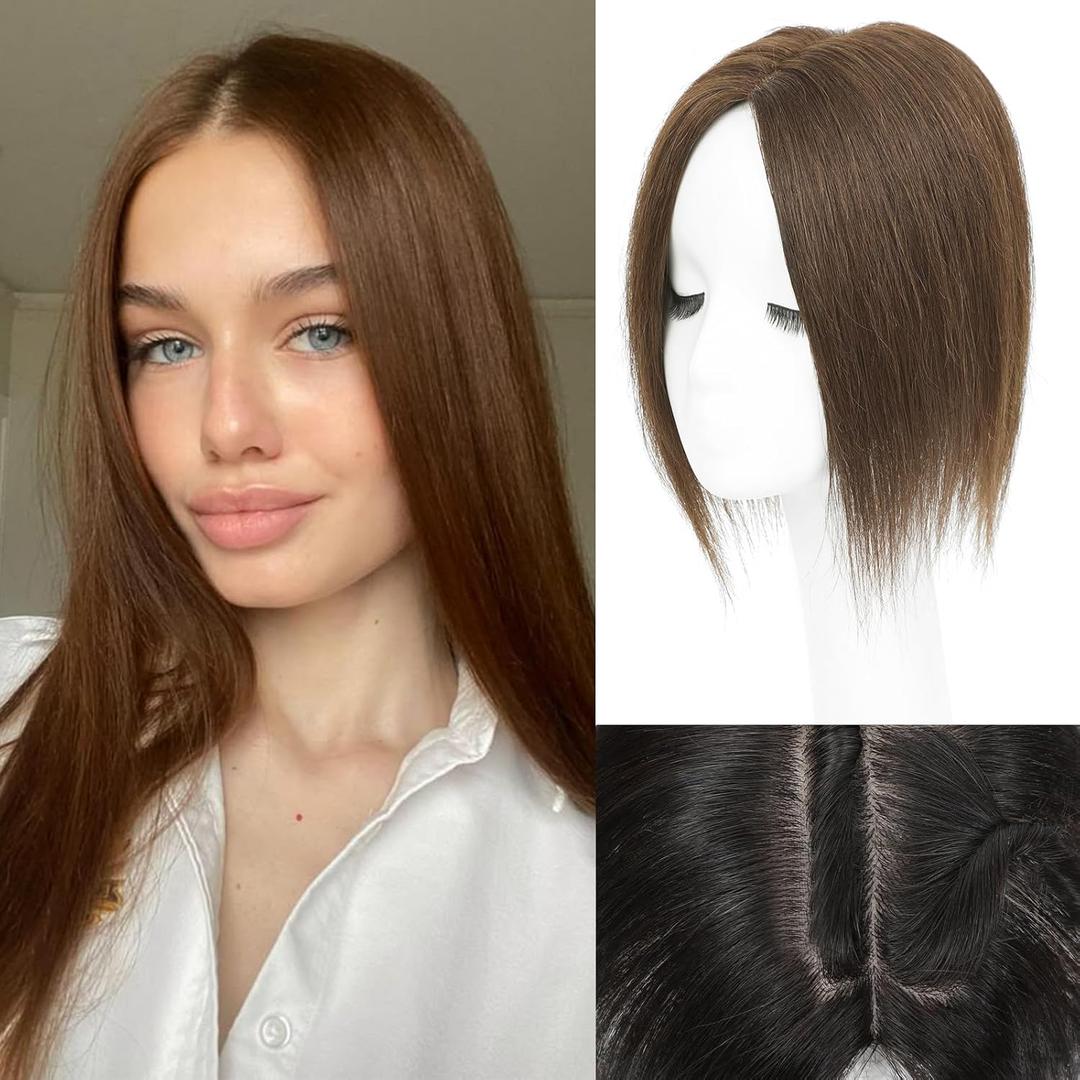 Hair Toppers for Women Real Human Hair, 12 Inch 360 3D Upgrade Middle Part Toppers for Women with Thinning Hair (12 Inch-Medium Brown)