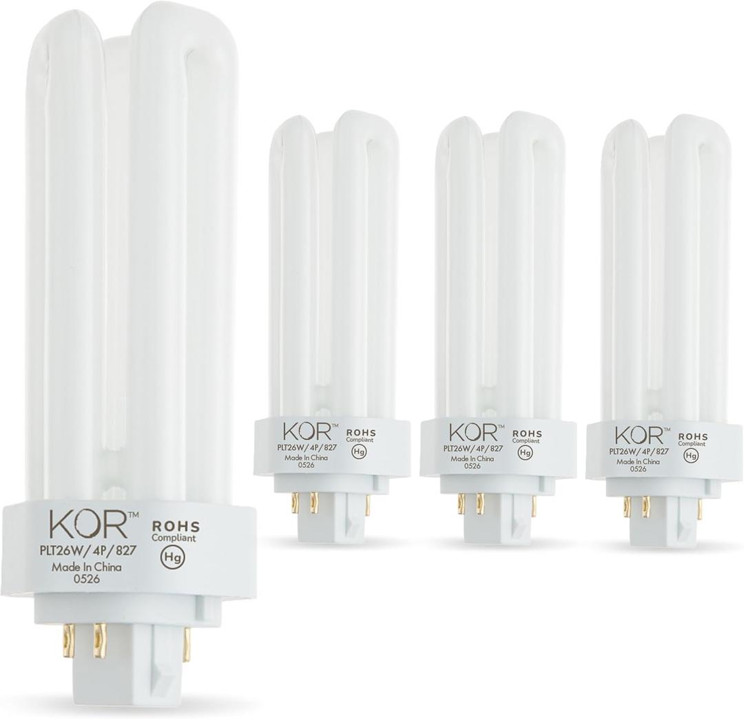 KOR 26W CFL Plug-in Bulb GX24Q-3 Base, 2700K Warm White, Triple Tube, (4-Pin) Replaces Sylvania 20879, Philips 458240, GE 97614,  Pack of 4