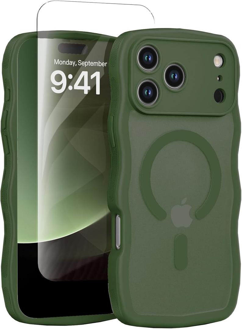 Dasku for iPhone 17 Pro Max Case for Women Girls, Compatible with[Military-Grade Full Camera Protection] Magnetic Wave Translucent Matte Shockproof Phone Case for 17 Pro Max Cover (Dark Green)