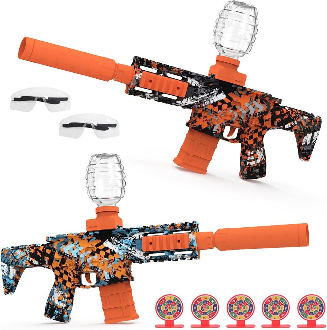 2 Pack Gel Ball Blaster Full Auto Electric Splatter Ball Toy 10 Rounds Per Seconds with Rechargeable Batteries, Line, Goggles and Target - Outdoor Activities Team Game Toy Age 14+