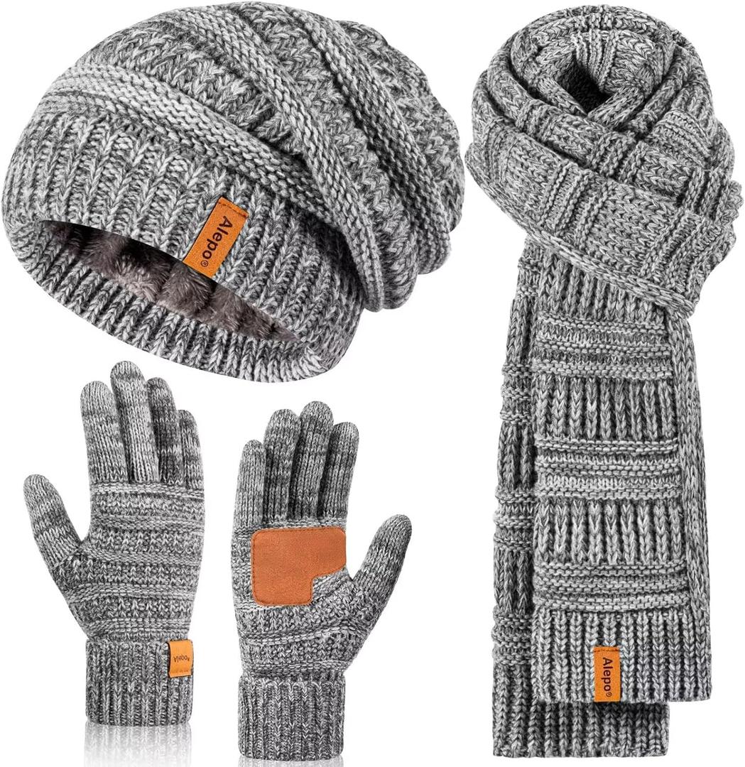 Winter Beanie Hat Scarf Gloves Set for Women, Slouchy Beanie Long Scarf Touchscreen Gloves, Warm 3 in 1 Christmas Gift Set (Multicolor-04)