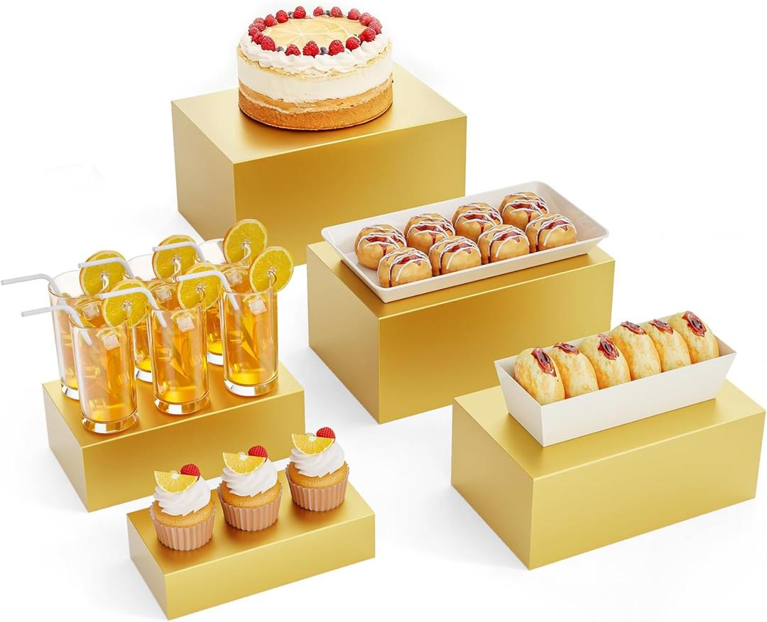5 Pcs Metal Display Stands for Buffet Table Cake Risers, Cupcake Rectangle Stand for Wedding, Party, Catering Supplies, Elegant Food Risers for Display with 5Pcs Hollow Bottoms Sturdy Modern (Gold, 2 IN to 12 IN)