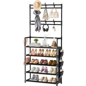OYREL Shoe Rack 5 Tier Shoe Organizer Storage 15-20 Pairs Shoes Rack for Closet Entrance Shoe Rack Organizer with Hooks and Side Pocket Entryway Shoe Holder Space Saving Free Standing Shoe Racks