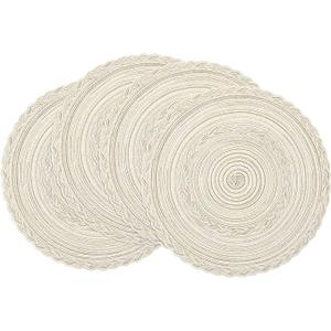 SHACOS Round Placemats Set of 4 Boho Braided Border Place Mats for Dining Tables Wedding Holiday Party (Ivory Bordered, 4)