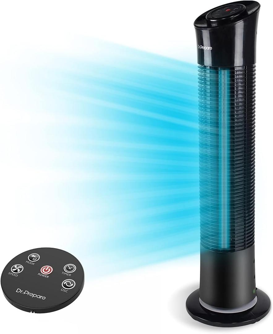 Dr. Prepare Tower Fan, 30" Oscillating Tower Fan with Remote, Built-in 3 Wind Modes and Speed Settings, Quiet Cooling, 7.5h Timer, Portable Standing Bladeless Floor Fan for Bedroom Living Rooms Office