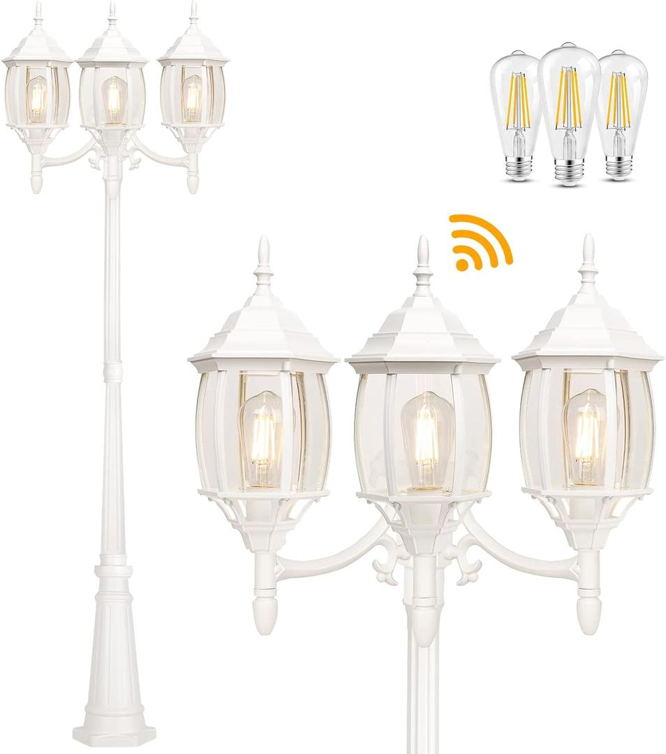Dusk to Dawn Sensor Outdoor Lamp Post Light 3-Head, Classic White Light Pole with Clear Glass Panels (3 LED Bulbs Included, Max.100W), Waterproof Outside Street Light for Backyard, Garden, Driveway (White (with sensor))