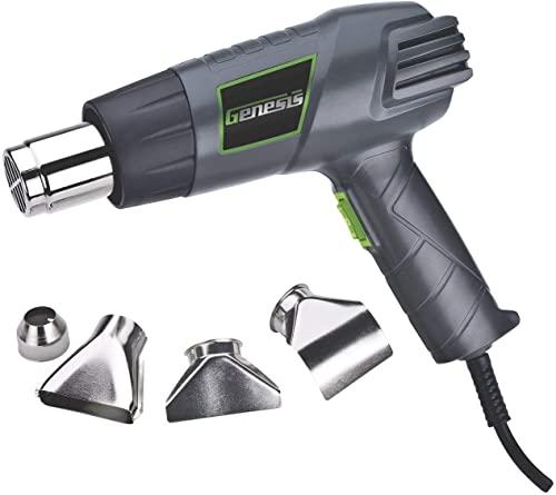 Genesis GHG1500A Dual Temperature Heat Gun Kit With Fast Heat High And Low Settings 572F/1000F, Air Reduction Nozzle, Reflector Nozzle, And Two Deflector Nozzles