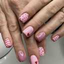 Valentines Press on Nails Polka Dot Fake Nails Short Square Nails Press Ons with Heart & Glitter Designs Stick on Nail Holiday Glossy Glue on Nail Full Cover Manicure for Women 24Pcs