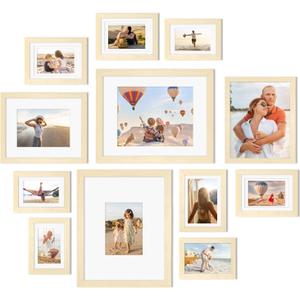 Egofine Picture Frame Set 12 Pack, Picture Frames Collage Wall Decor with Two 11x14, Two 8x10, Four 5x7, Four 4x6 for Wall and Tabletop, Made of Solid Wood, Covered by Plexiglass, Natural Wood