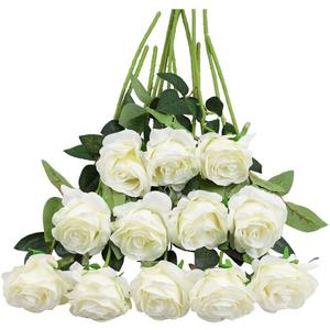 Tifuly White Roses Artificial Flowers -12 pcs Realistic Single Long Stem Fake Silk Roses Bouquet for Party Home Wedding Centerpiece Office DIY DecorOff White