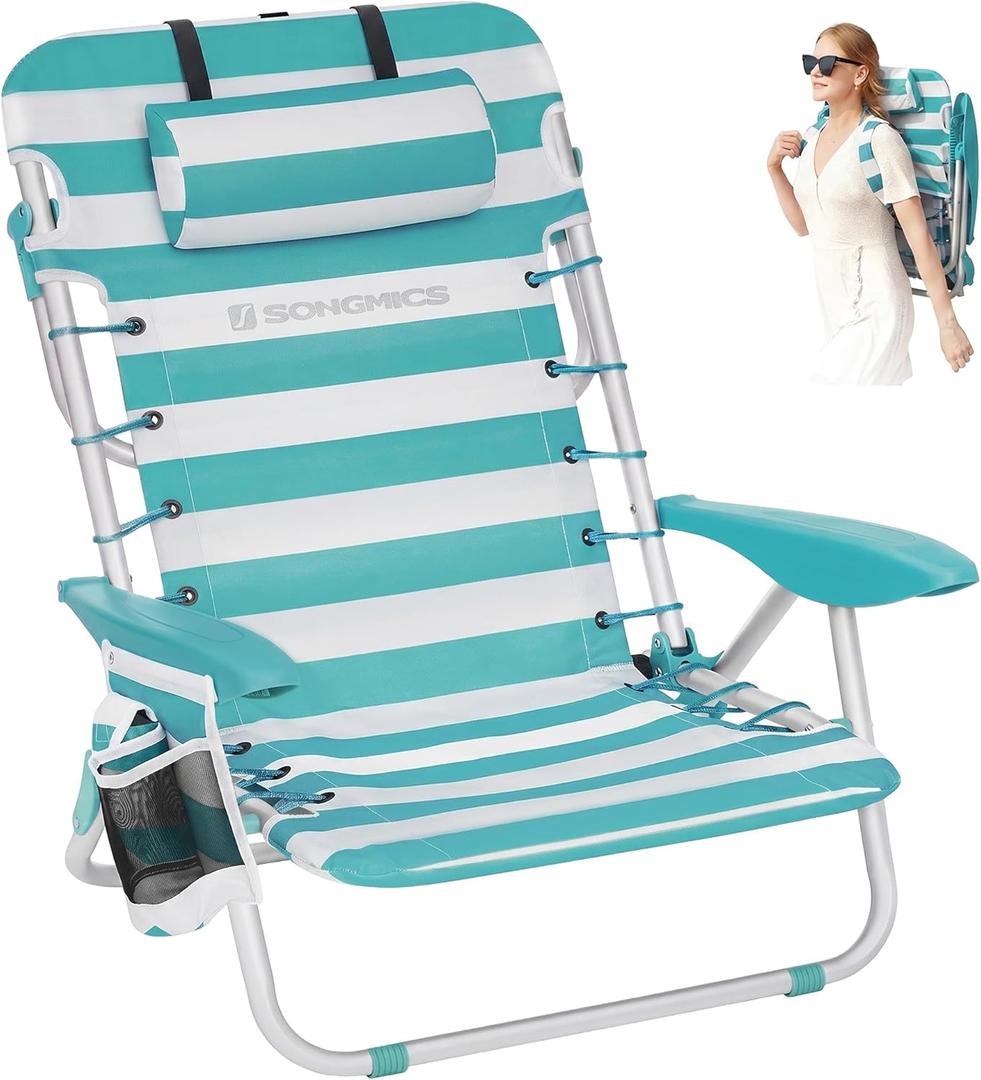 SONGMICS Portable Backpack Beach Chair, 331 lb Capacity, 4 Angles Adjustable Backrest, 2 Side Pockets, Towel Bar, Green and White UGCB62JW