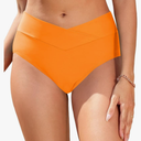 Women V Cut Full Coverage Bikini Bottom - High Waist Swim Bathing Suit Bottoms Cross V Front Swimsuit Orange, Large