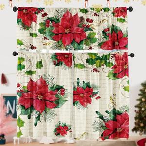 SUNWISHA Poinsettia Christmas Curtain Valances Set, Upper & Lower Curtains,52'' L x 18'' W & 36'' L x 26'' W, Holiday Bedroom Decoration, Kitchen Windows Decor, 3 Piece Set, Red