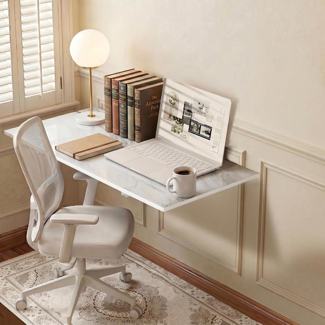 GOYLSER Wall Mounted Desk Folding Table Laundry Fold Table, White Marble Fold Down Work Bench, Foldable Mount Station for Floating Bar, Office, Dining Room, Kitchen, 35" x 20.5"
