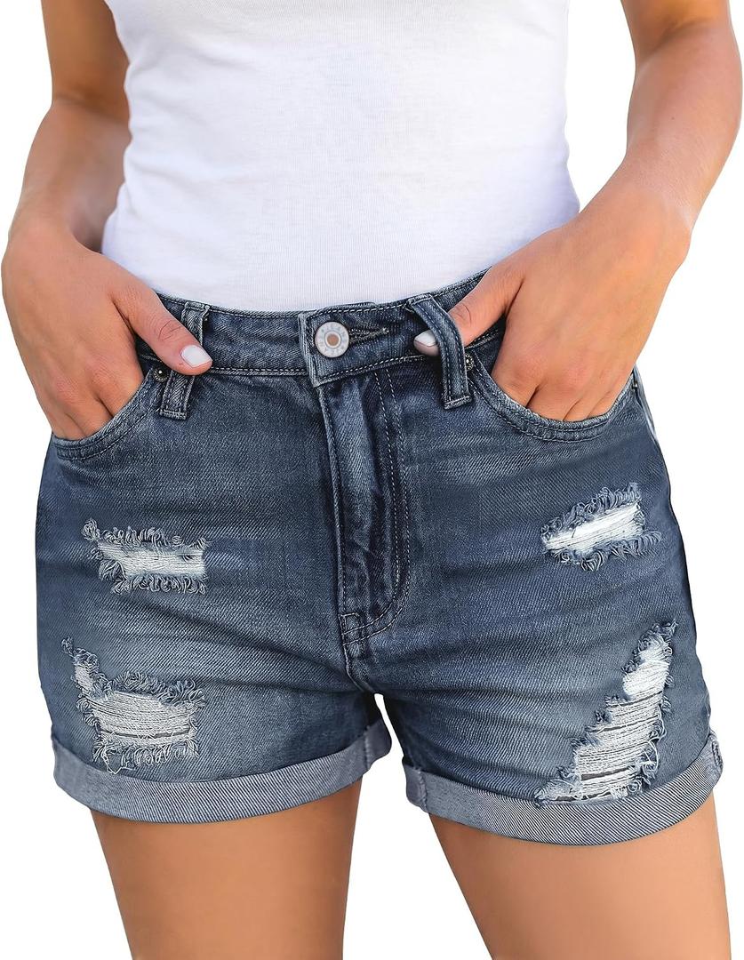 luvamia Women's Ripped High Waisted Denim Shorts Stretchy Cuffed Hem Jean Shorts (Blue, S)