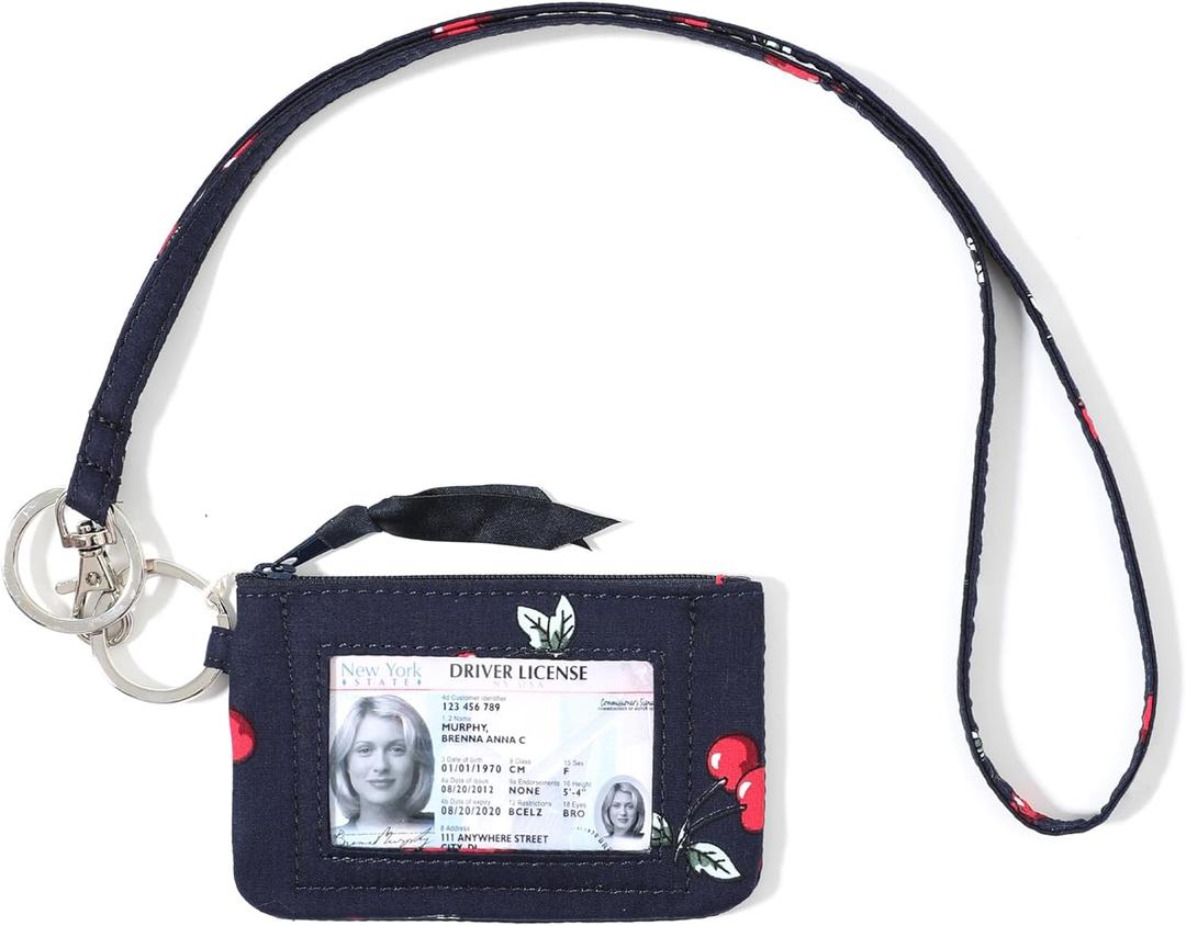 WONDERFUL FLOWER Lanyard Wallet for Women, ID Card Holder, Lanyards for ID Badges, Floral Zip ID Case Keychain Small Coin Purse for Cards, Cash, Work, Travel, Cruise, Teachers, Students, Kids, Navy (Cherry Charm)