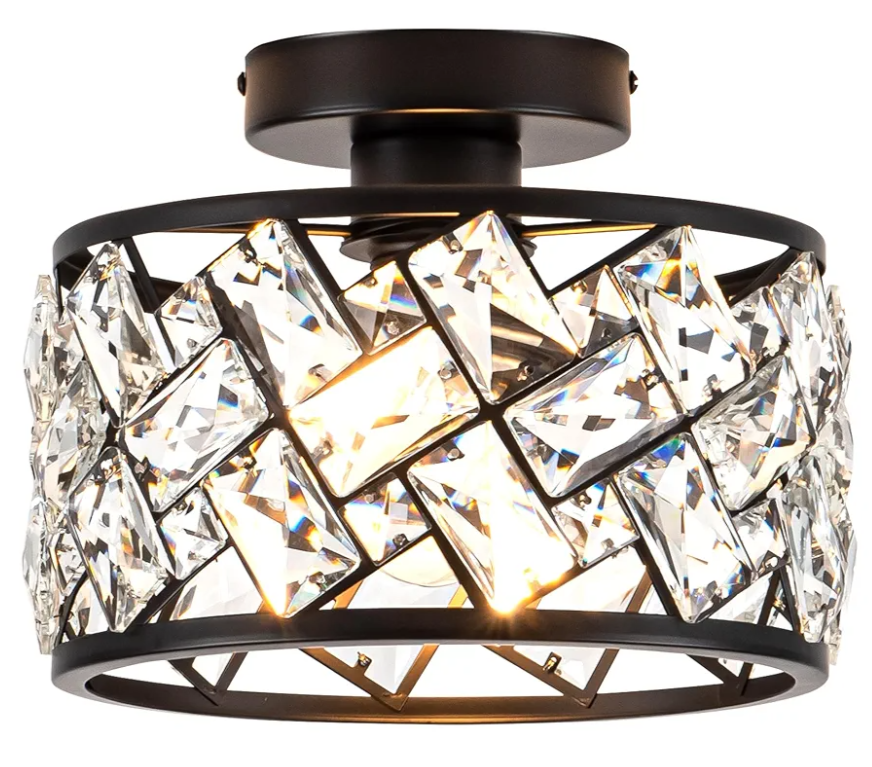 Crystal Ceiling Light Fixture, Modern Semi Flush Mount Ceiling Light,Crystal Chandelier for Kitchen Bedroom Bathroom Entryway, Black Finish