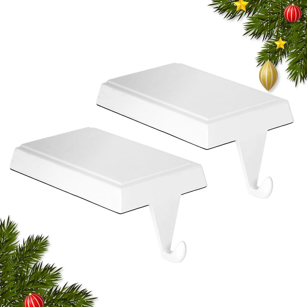 SINTENILL Christmas Stocking Holders for Mantle Set of 2, Heavy Weighted Metal Stocking Holders Hangers Low Profile Stocking Hooks Bases for Fireplace Table Xmas Holiday Party Decoration, White