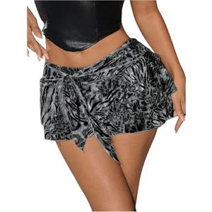 Women's Y2K Cheetah Skirt Ruffle Leopard Mini Micro Skirt Sexy Mesh Going Out Party Rave Clubwear (Medium, Black)