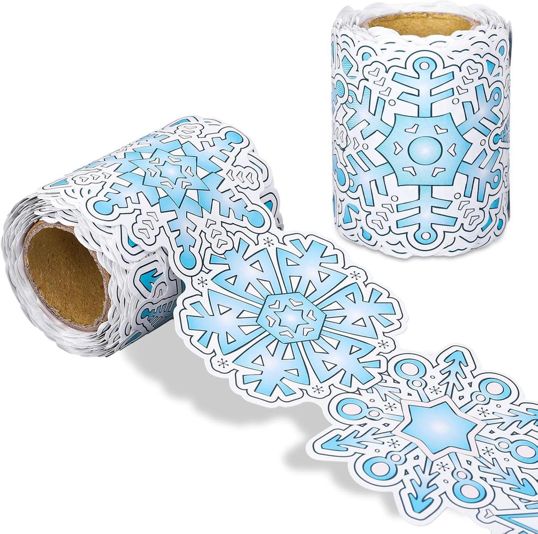 2 x Whaline Winter Snowflake Bulletin Board Border Christmas Blue White Snowflake Rolled Self Adhesive Border Trim Stickers for Xmas Holiday Party Classroom School Office Chalkboard Wall Decor, 32.8Ft