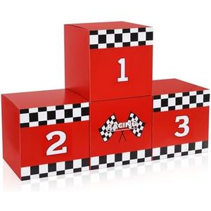 Zhanmai 4 Pcs Large Racing Car Party Boxes 11.8 x 11.8 Inch Goodie Checkered Boxes for Birthday Decor Truck Theme Race Car Podium Centerpiece Decorations Cardboard Party Favors(Red)