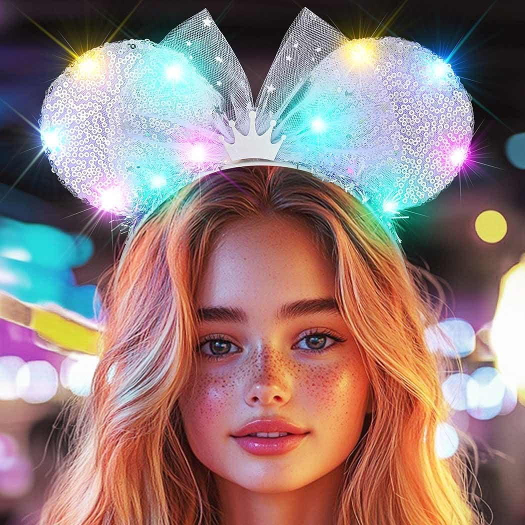 CAKURE Light Up Mouse Ears Headband Led Bow Hair Bands Festival Holiday Hair Accessories for Women and Girls (c-silver, one size)
